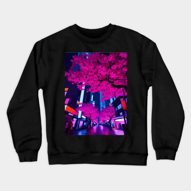 Tokyo City Japan at Night Cyberpunk Cityscape Cherry Blossom Crewneck Sweatshirt by Art-Jiyuu